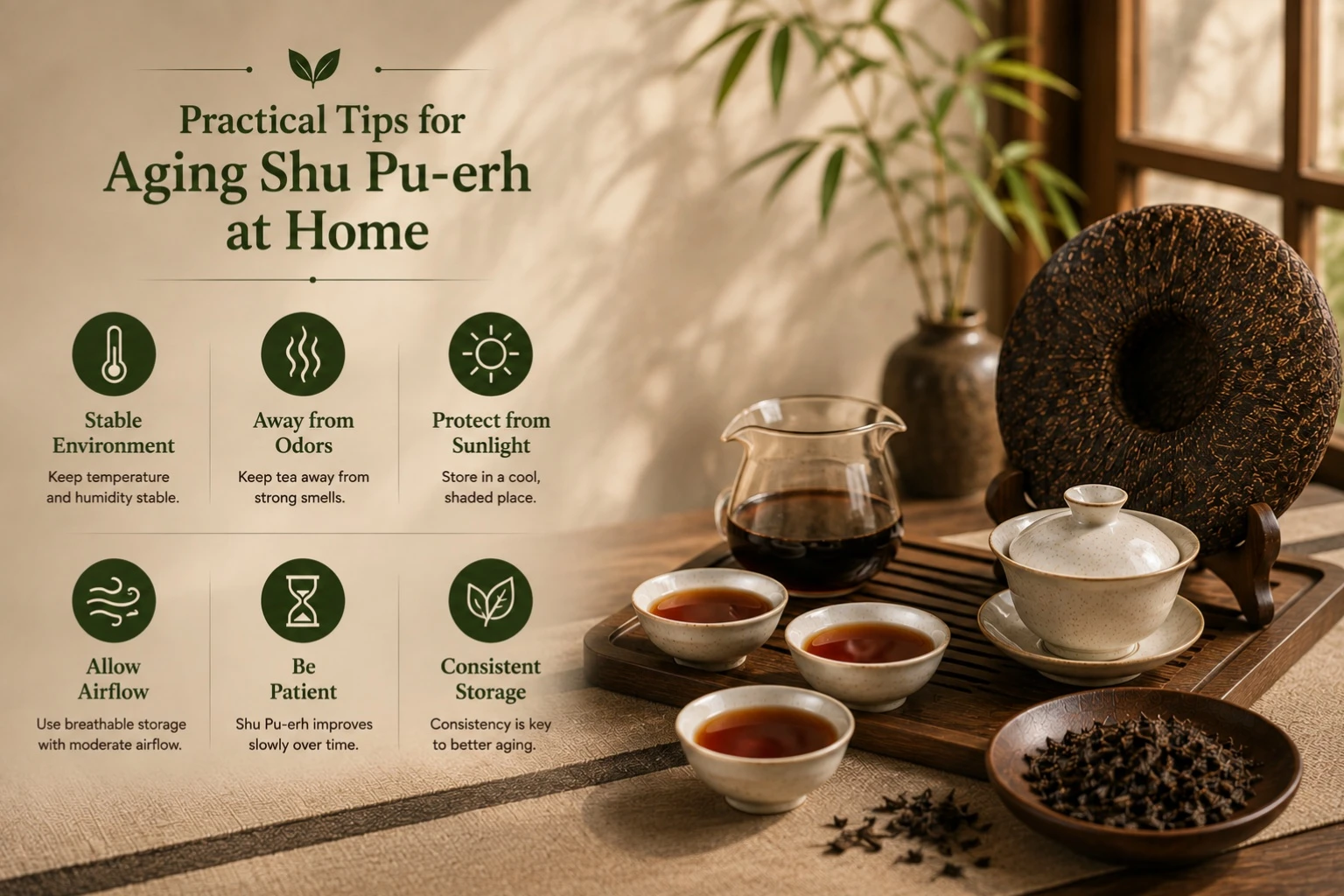 Practical Tips for Aging Shu Puerh at home.jpg A warm, minimalist scene featuring authentic Chinese teaware, illustrating the gradual maturation of ripe Pu-erh over time.