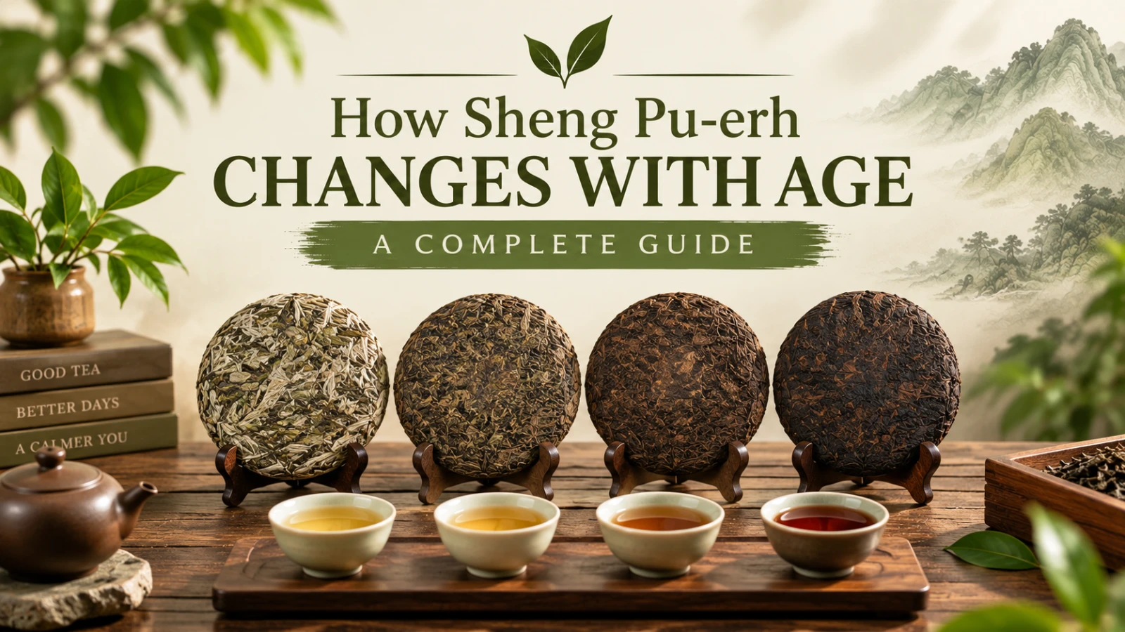 Sheng Pu-erh tea cake and loose leaves illustrating how Pu-erh changes with age