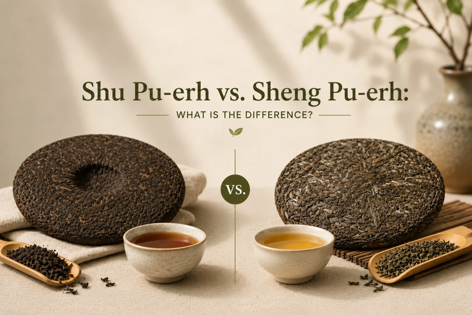 shu-pu-erh-vs-sheng-pu-erh-differences.jpg.jpg Shu Pu-erh vs. Sheng Pu-erh comparison showing tea cakes, loose leaves, and brewed tea
