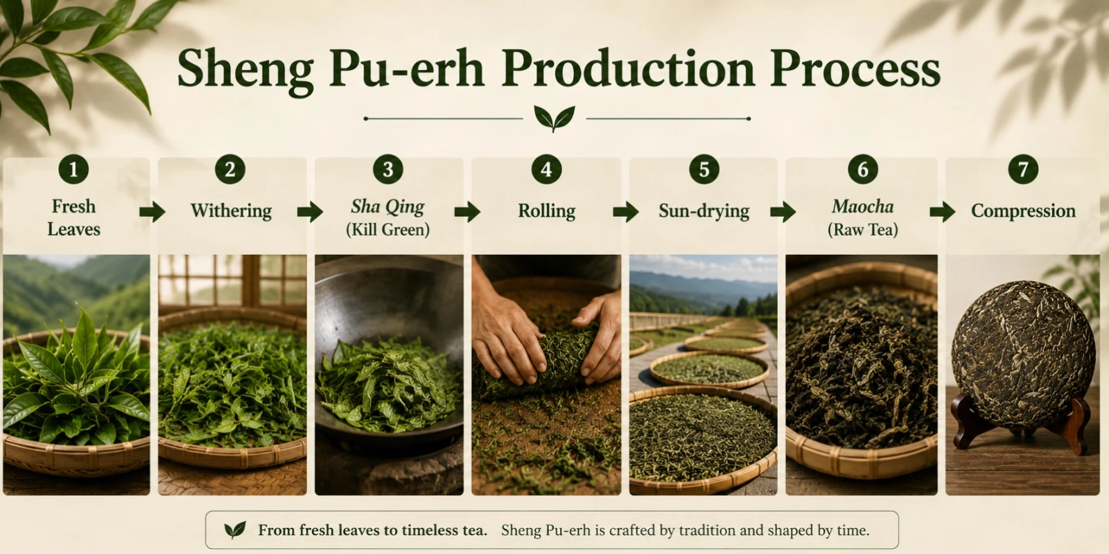 Traditional Sheng Pu-erh production process.jpg Traditional Sheng Pu-erh production process from fresh leaves to compressed tea