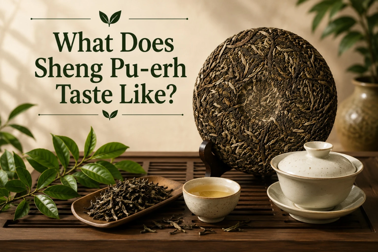 Young Sheng Pu-erh tea leaves brewed in a traditional gaiwan