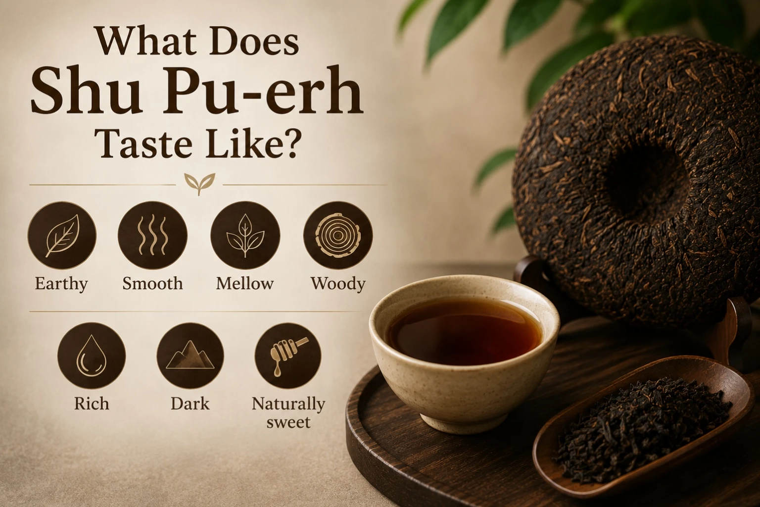 Shu Pu-erh is known for its smooth, earthy character with notes of aged wood, roasted grains, dark chocolate, and natural sweetness that develop through traditional post-fermentation.