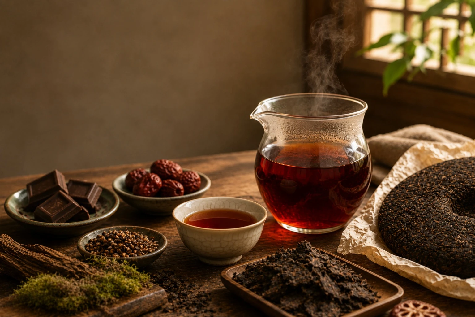 What Does Shu Pu-erh Taste Like Premium Tea Tasting Guide.jpg Steaming glass fairness pitcher of Shu Pu-erh tea with a porcelain tasting cup, loose tea leaves, a partially unwrapped Pu-erh tea cake, dark chocolate, dried dates, roasted grains, aged wood, and forest moss on a traditional wooden tea table.