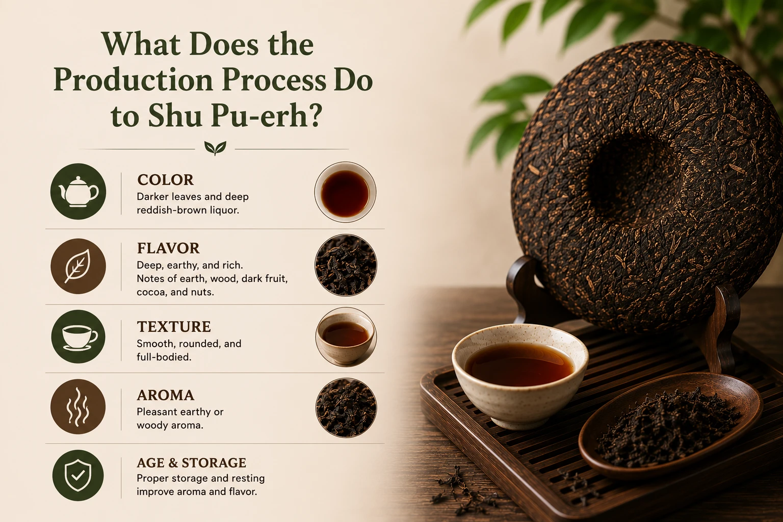 What Does the Production Process Do to Shu Pu-erh.png Traditional Shu Pu-erh tea cake with brewed tea beside an infographic illustrating how fermentation affects the tea's color, flavor, texture, aroma, and storage.