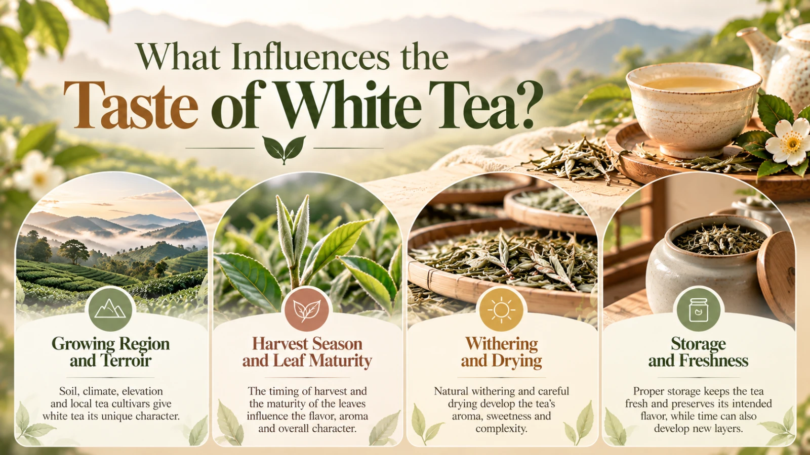 different factors that can influence the taste of white tea, Aged Chinese white tea leaves illustrating the darker appearance that some white teas develop during storage.