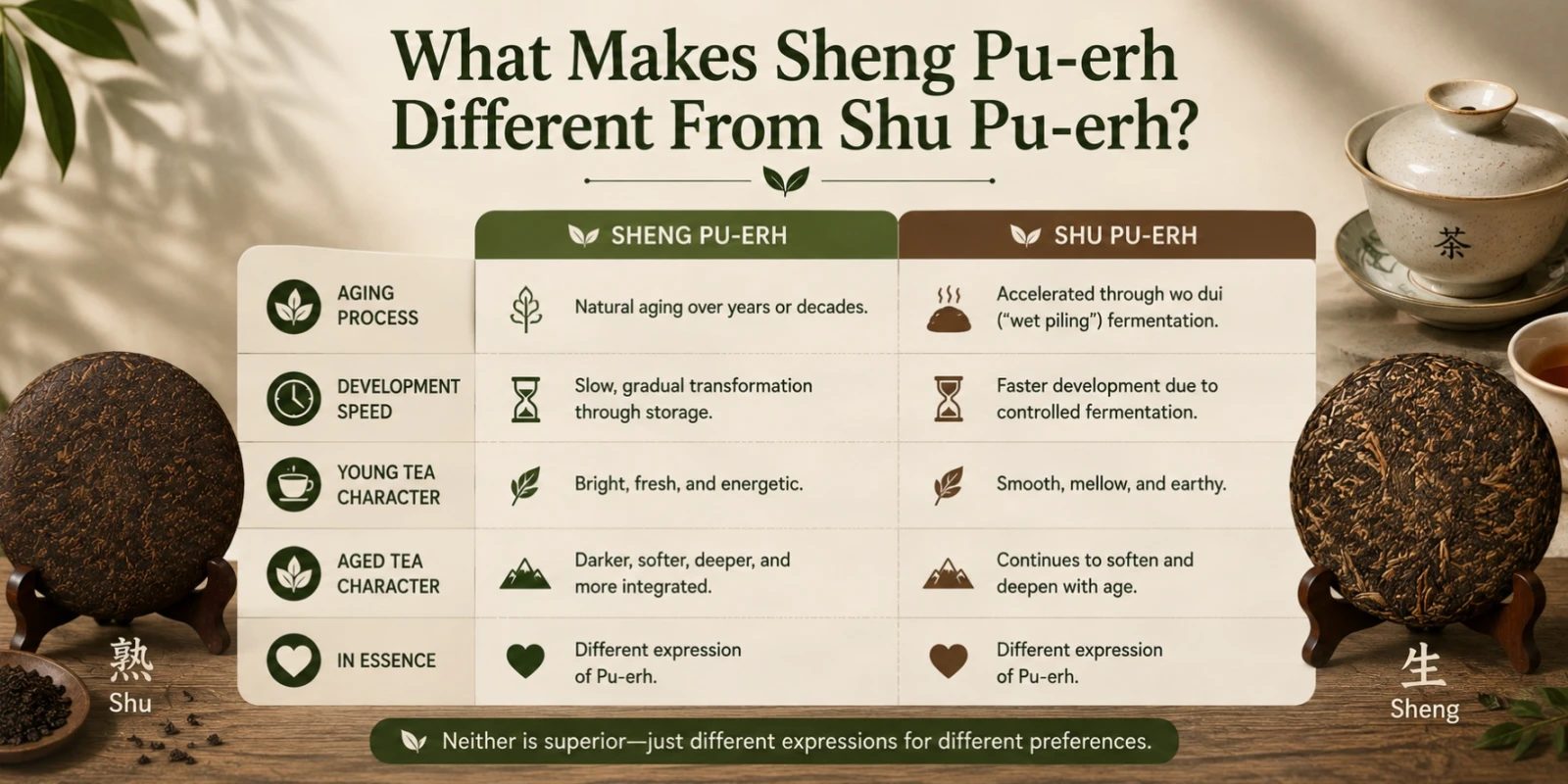 What Makes Sheng Pu-erh Different From Shu Pu-erh.jpg Sheng Pu-erh raw Pu-erh tea cake from Yunnan China and how it is different from Shu Pu-erh Tea