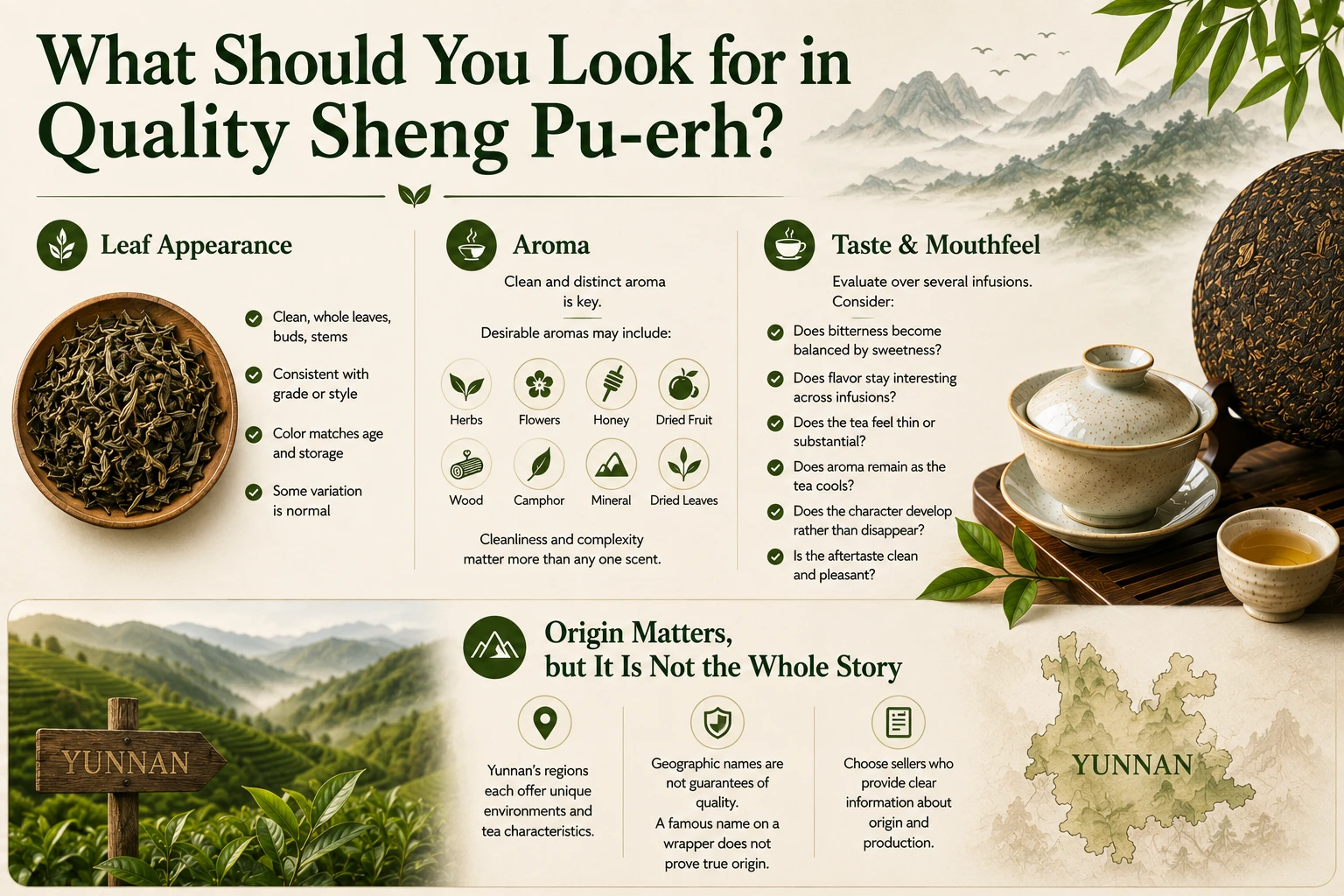What Should you look for in Quality Sheng Pu-erh.png Close-up of Sheng Pu-erh tea leaves showing natural leaf variation