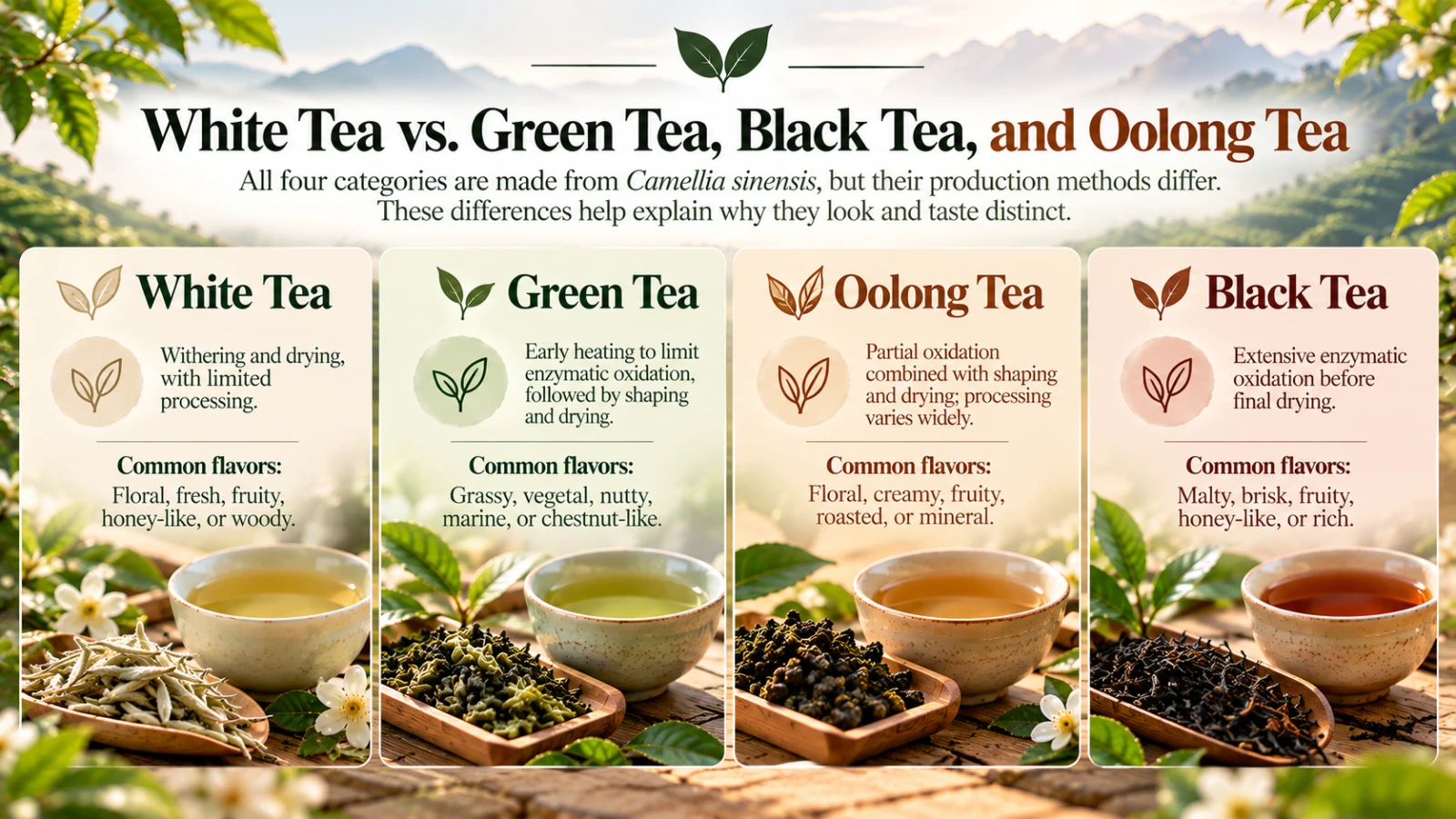 white-tea-vs-green-tea-black-tea-and-oolong-tea.png differences among white tea, green tea, black tea & oolong tea to explain why they look and taste distinct