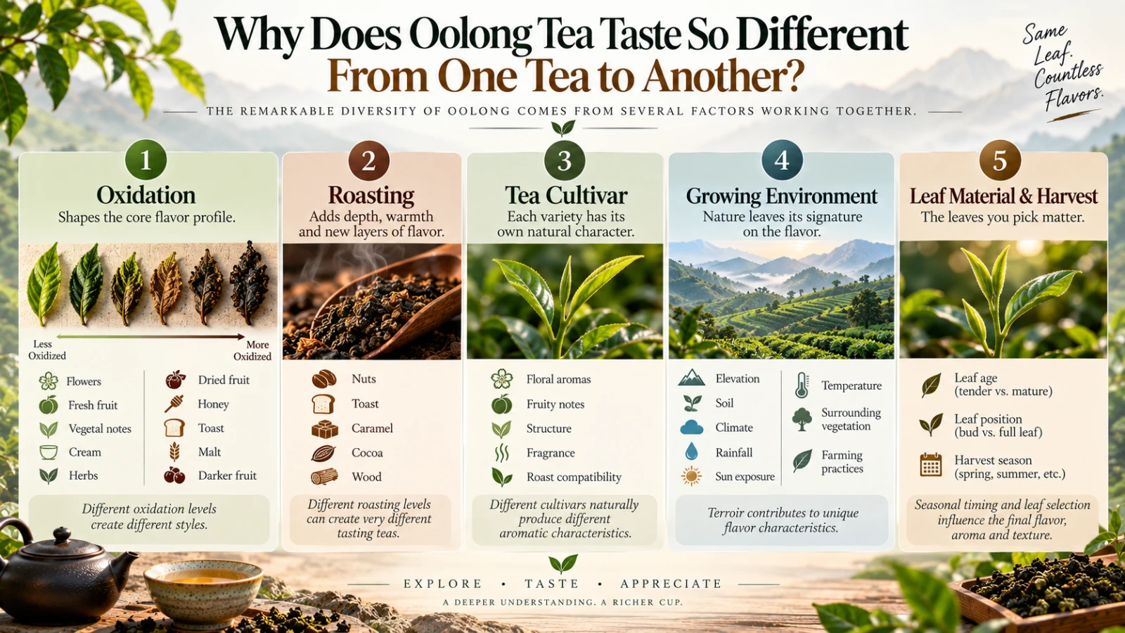 the relationship between oxidation, roasting, cultivar, origin, brewing, aroma, mouthfeel, and aftertaste.