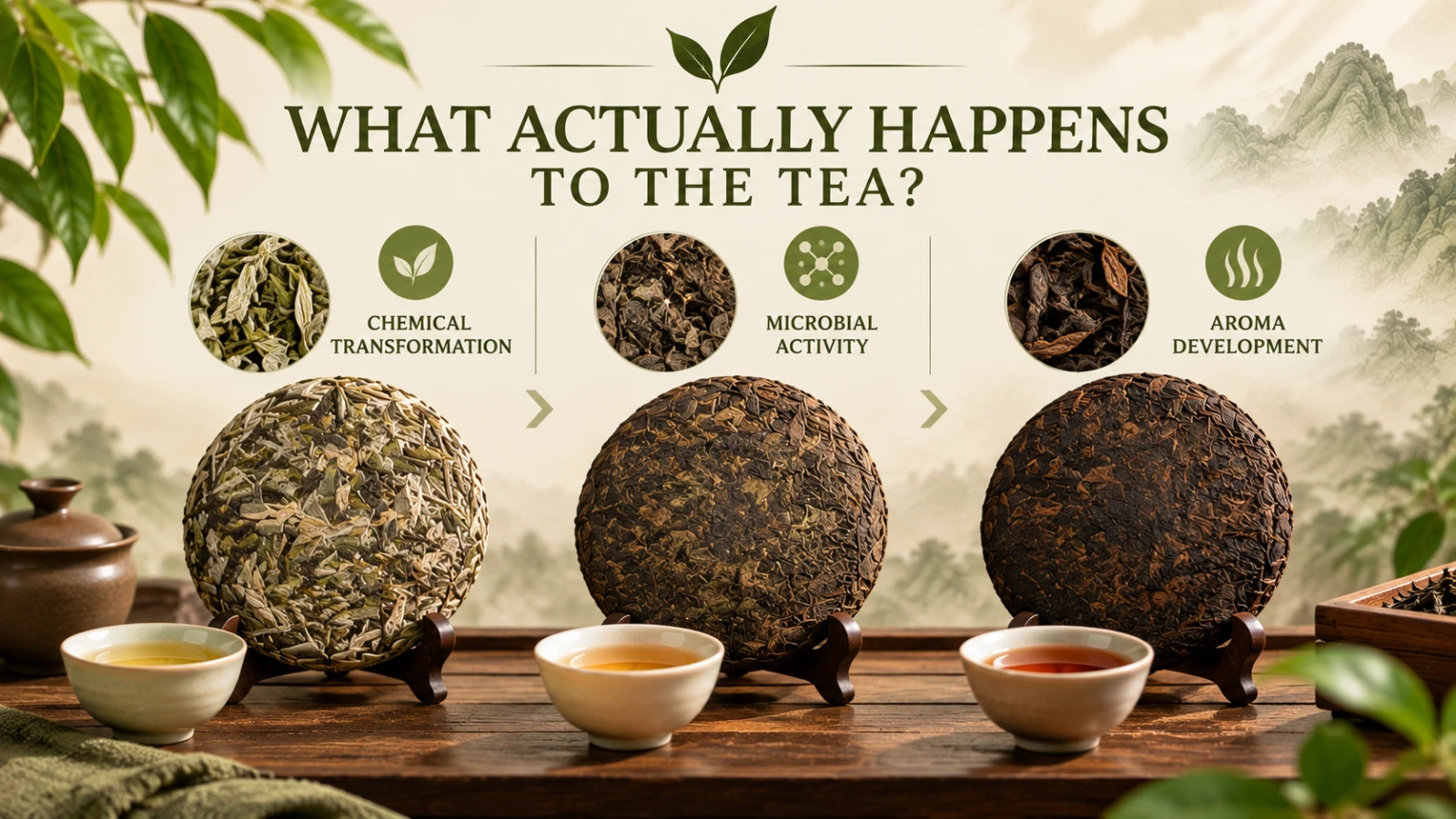 Young, developing, and aged Sheng Pu-erh showing changes during tea aging