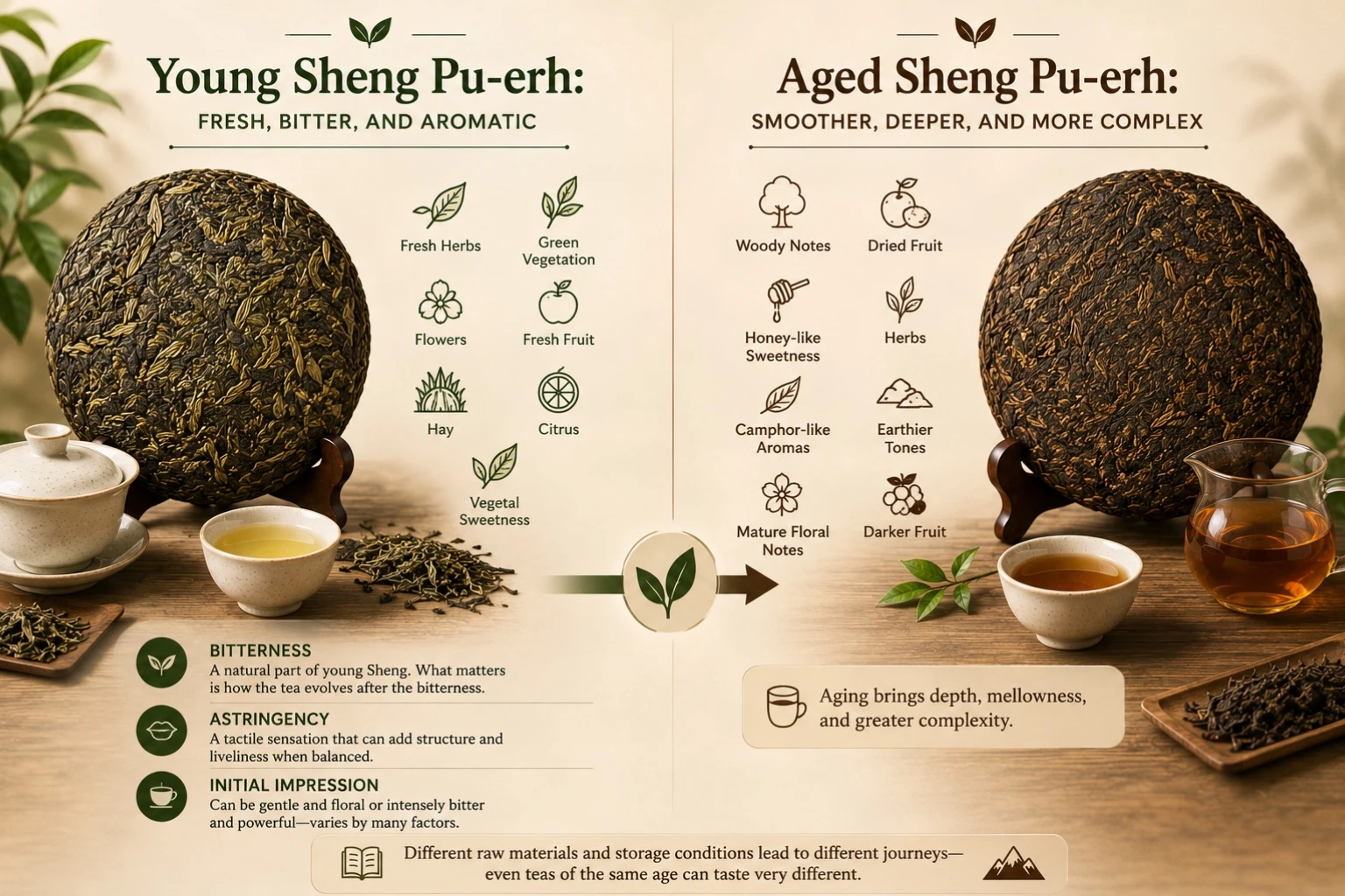 Young vs Aged Shend Pu erh Tea.jpg Young Sheng Pu-erh Tea leaves vs Aged Sheng Pu-erh tea cake and loose leaves showing traditional tea storage & taste comparison