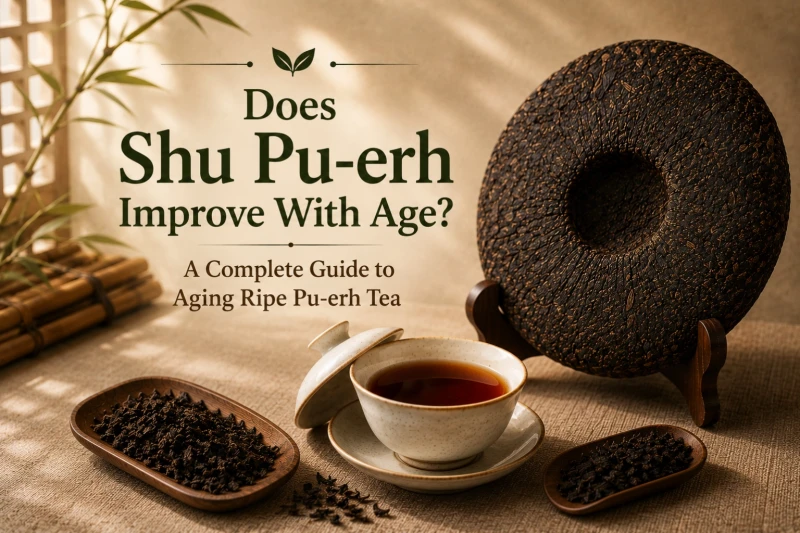 Aged Shu Pu-erh tea cake with traditional Chinese teaware and brewed ripe Pu-erh tea.