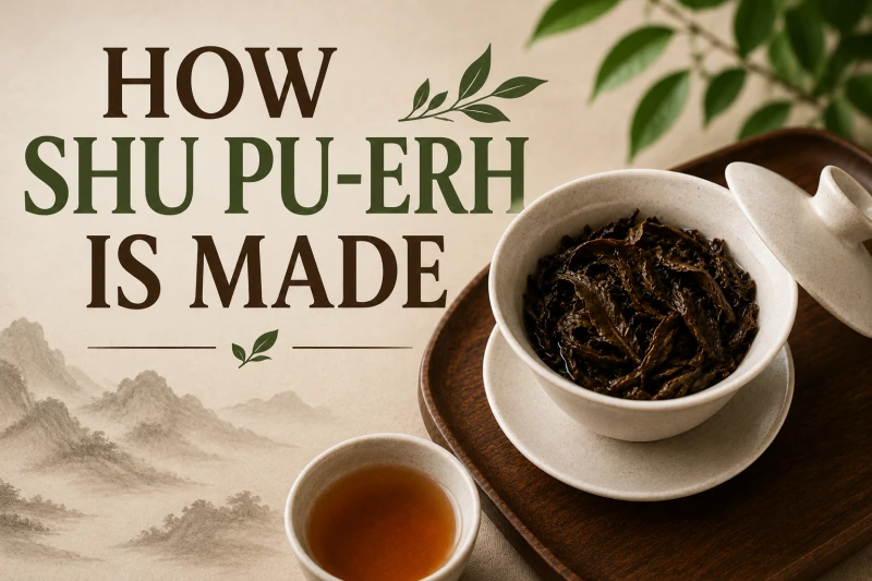 Traditional Shu Pu-erh tea cake with brewed tea showing how shu Pu-erh is made