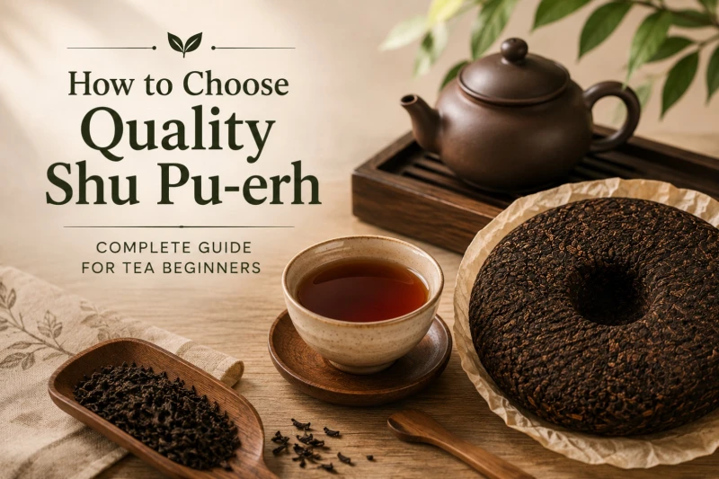 Traditional Shu Pu-erh tea cake, loose leaves, and brewed tea illustrating how to choose quality ripe Pu-erh tea