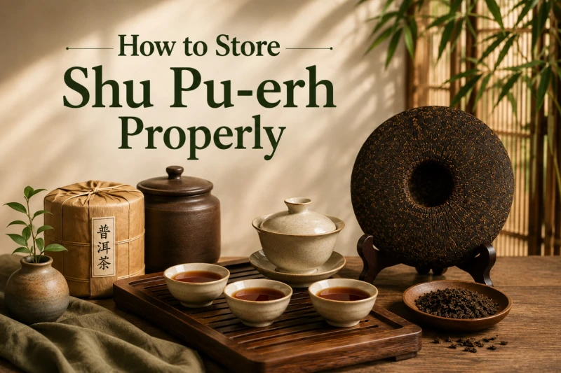 Traditional Chinese tea setup featuring a Shu Pu-erh tea cake, gaiwan, tea cups, and storage containers illustrating proper Shu Pu-erh tea storage.