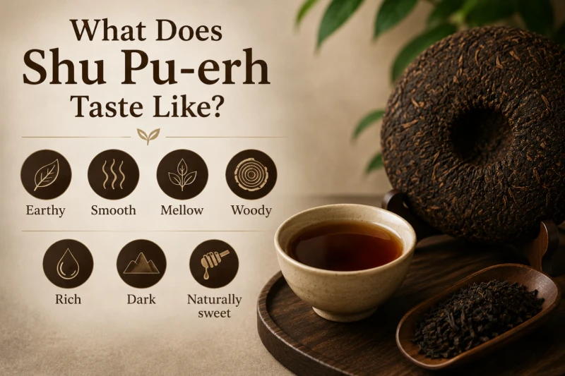 Shu Pu-erh is known for its smooth, earthy character with notes of aged wood, roasted grains, dark chocolate, and natural sweetness that develop through traditional post-fermentation.